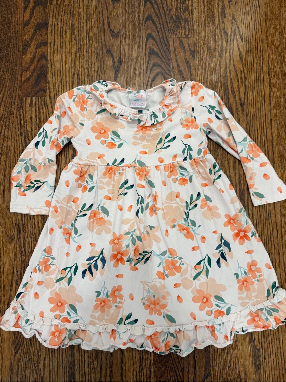 Girls' Peach Floral Ruffle Hem Long Sleeve Dress